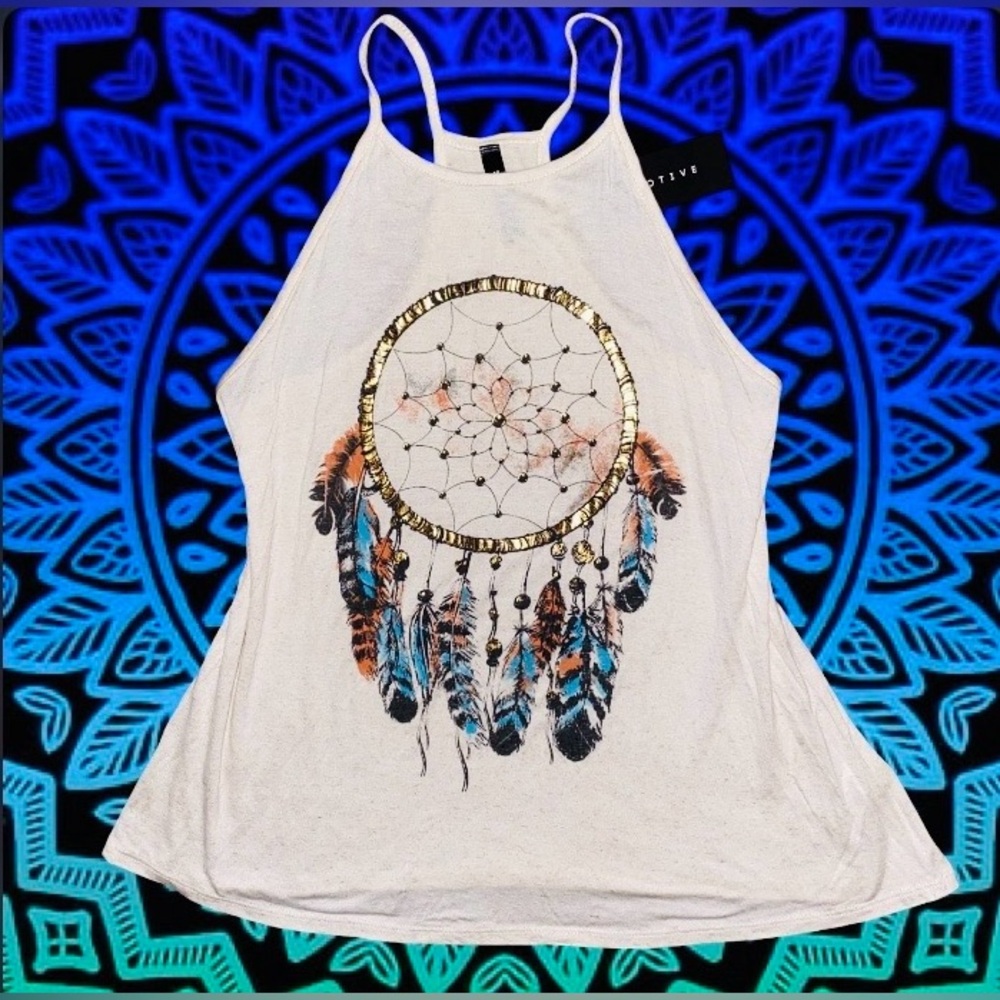 NWT Boho Dreamcatcher Flowy Racerback Halter Tank Top w/Gold Foil Detail | L